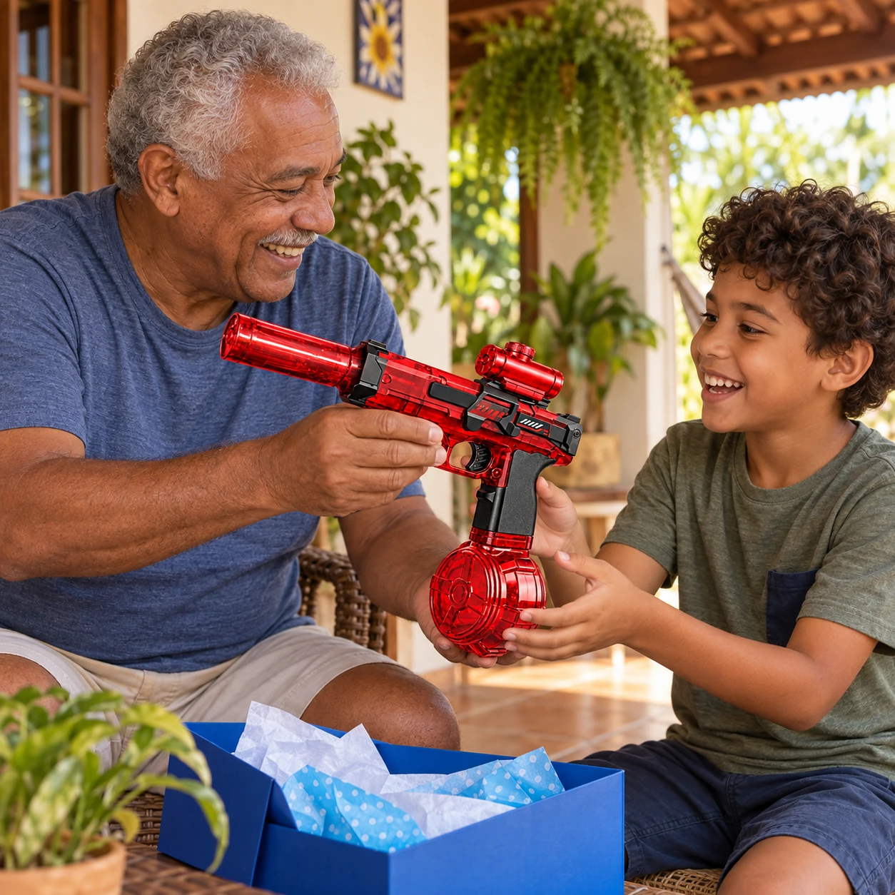 Avô brasileiro entregando o AquaBlast vermelho de presente ao neto